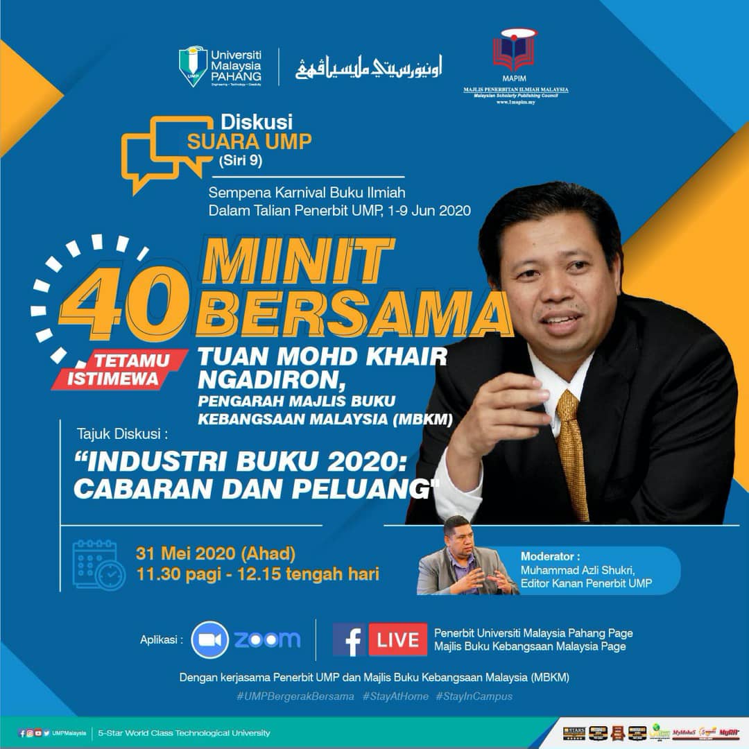 Layari Aplikasi Zoom, FB Live Penerbit Universiti Malaysia Pahang Page & Majlis Buku Kebangsaan Malaysia Page