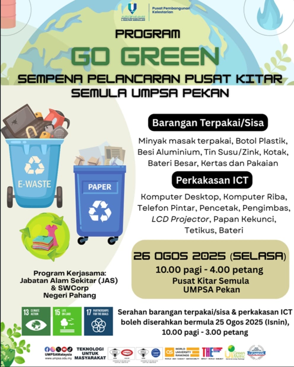 PROGRAM GO GREEN SEMPENA PELANCARAN PUSAT KITAR SEMULA UMPSA PEKAN🌱